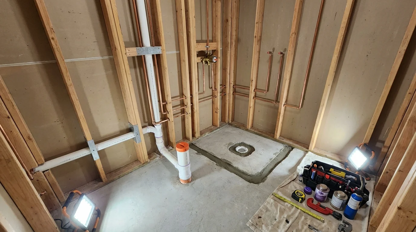 Bathroom rough-in plumbing during remodel by Johns Plumbing LLC in Foster