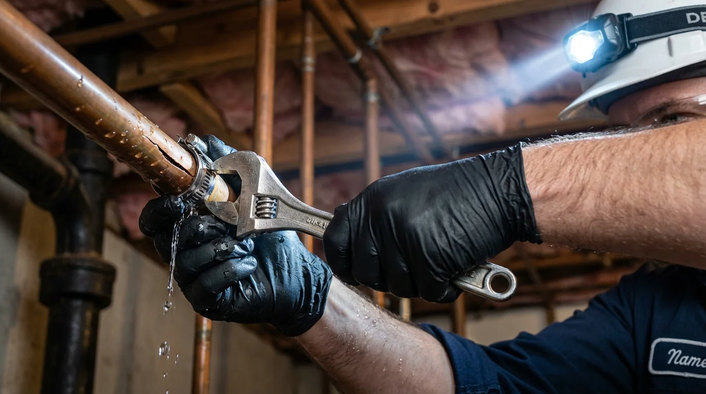 Emergency pipe clamp repair being performed by a Johns Plumbing LLC plumber in Foster