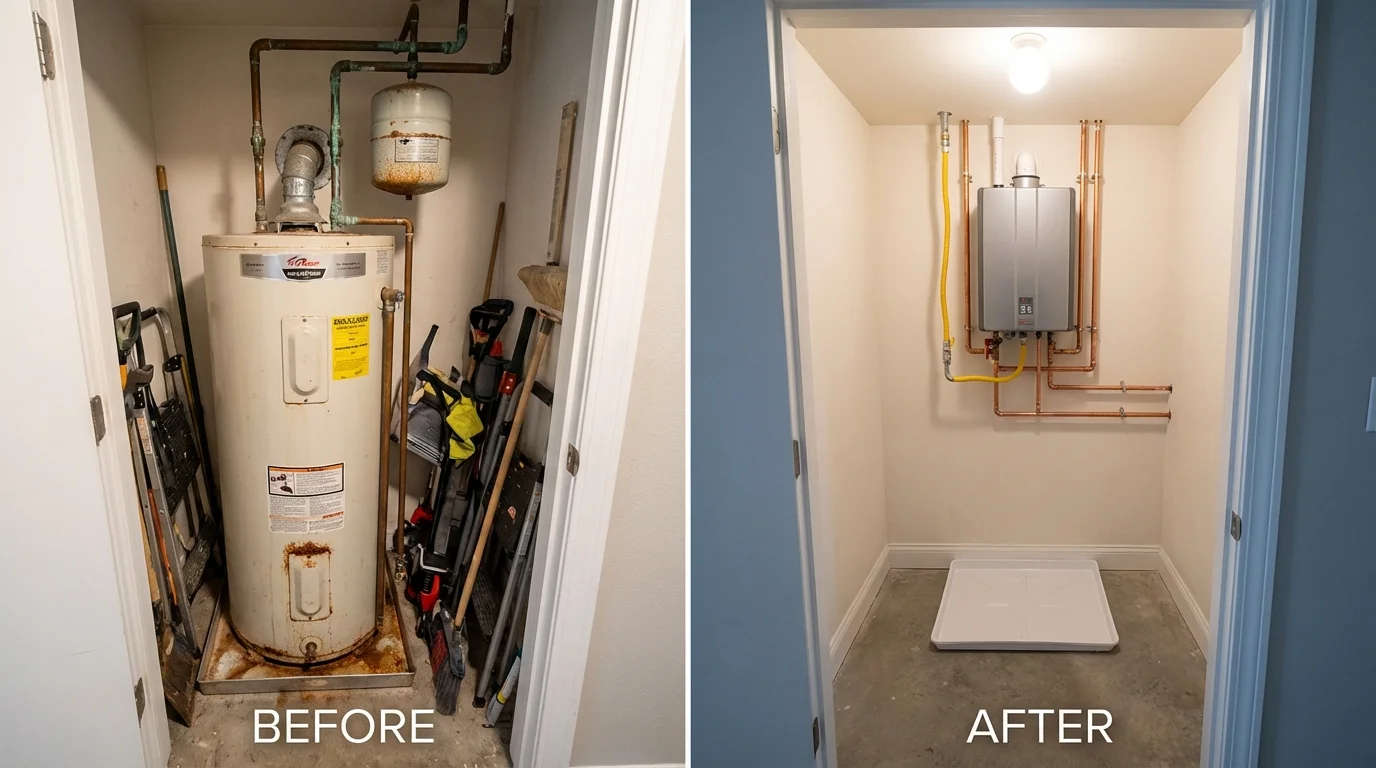 Tank water heater versus wall-mounted tankless unit comparison for Foster, RI homeowners