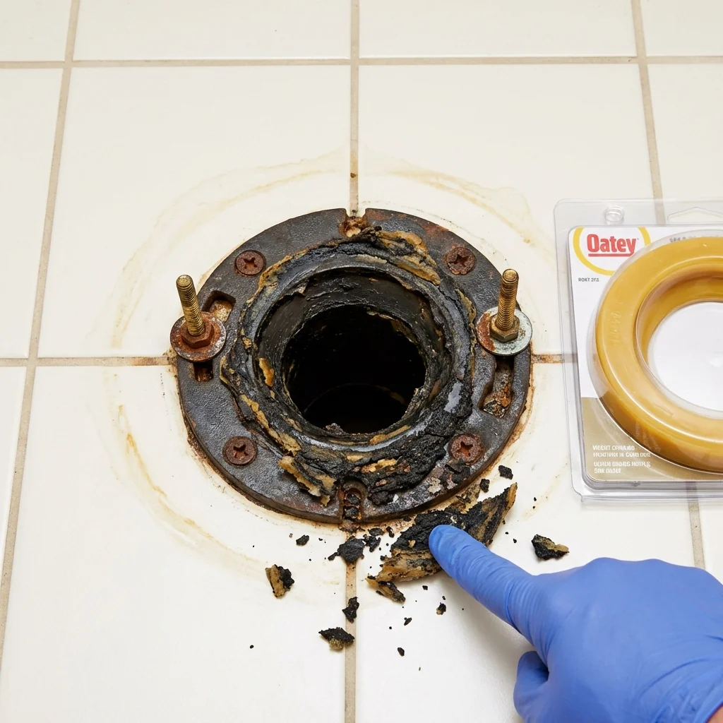 Failed wax ring showing water seepage at the base of a toilet in a Foster, RI home