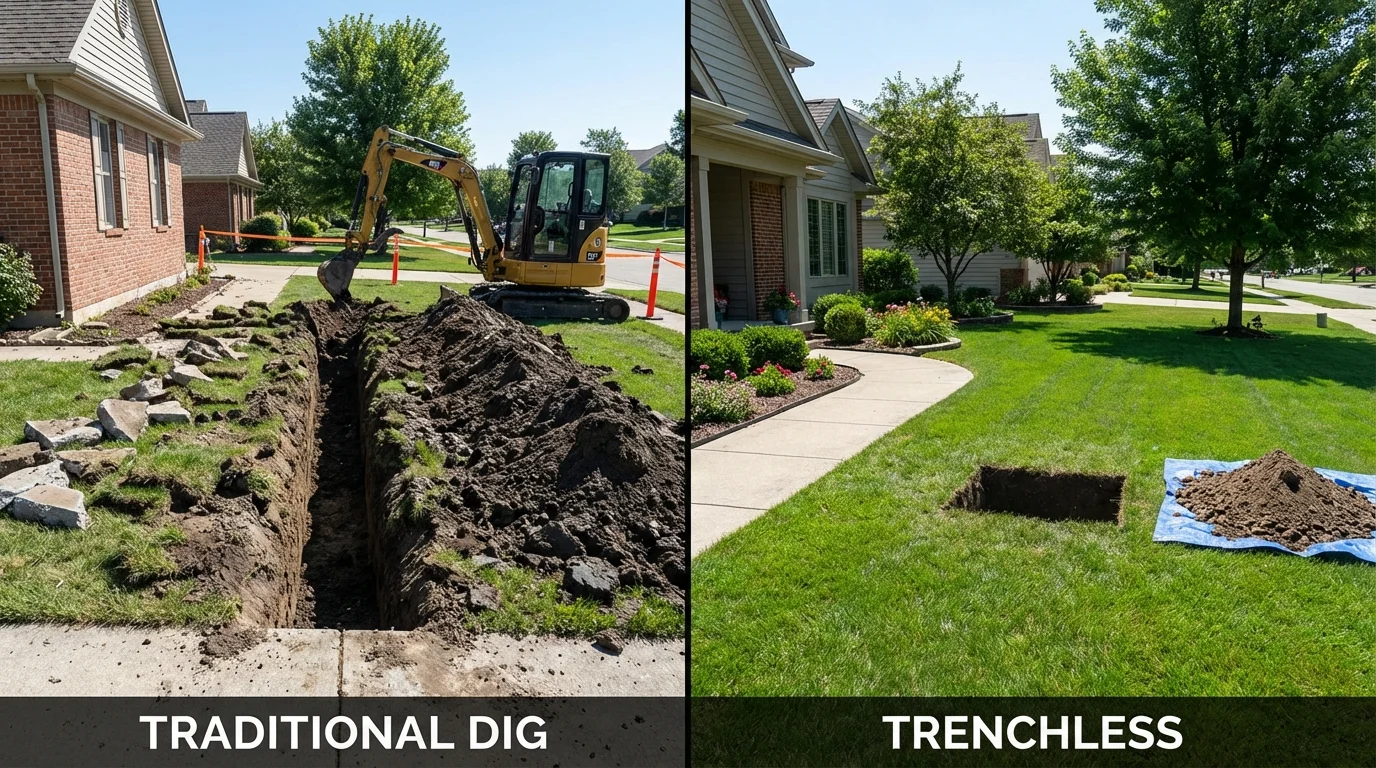Trenchless sewer repair with minimal yard damage versus traditional excavation in Foster, RI