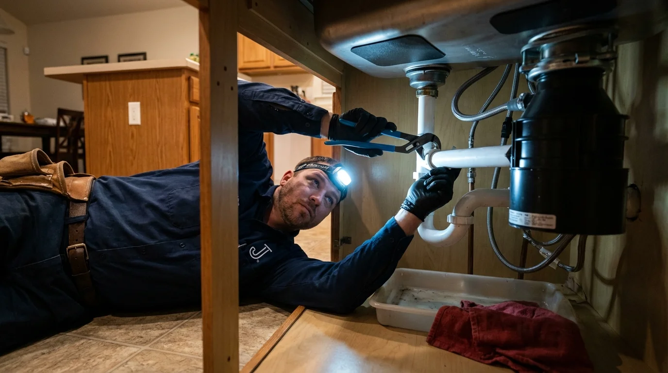 P-trap and supply line connections under a kitchen sink showing a common leak point in Foster, RI